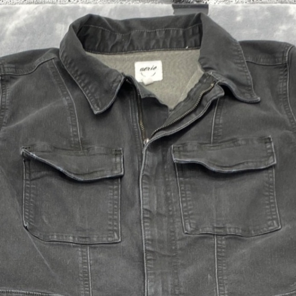 Aerie Womens Medium Short Sleeve Utility Stretch Denim Jumpsuit Washed Black